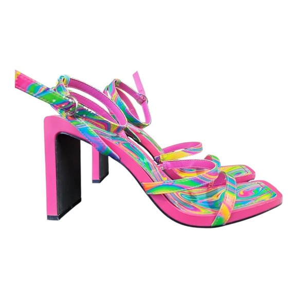 Bamboo Heels Swirl Print Open Toe Block Ankle Strap Sz 7.5 Party Shoes Used - Picture 5 of 13